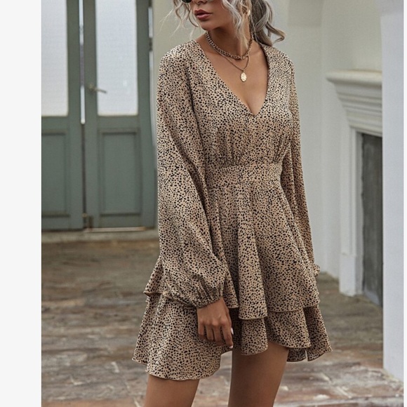 Leopard Print V Neck Print Tiered Long Sleeve Frill Mini Dress - Picture 6 of 7